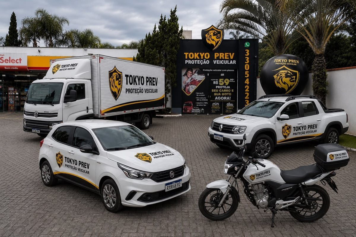 Frota real da Tokyo Prev — caminhão, carro, picape e moto com o adesivo da marca, na sede física